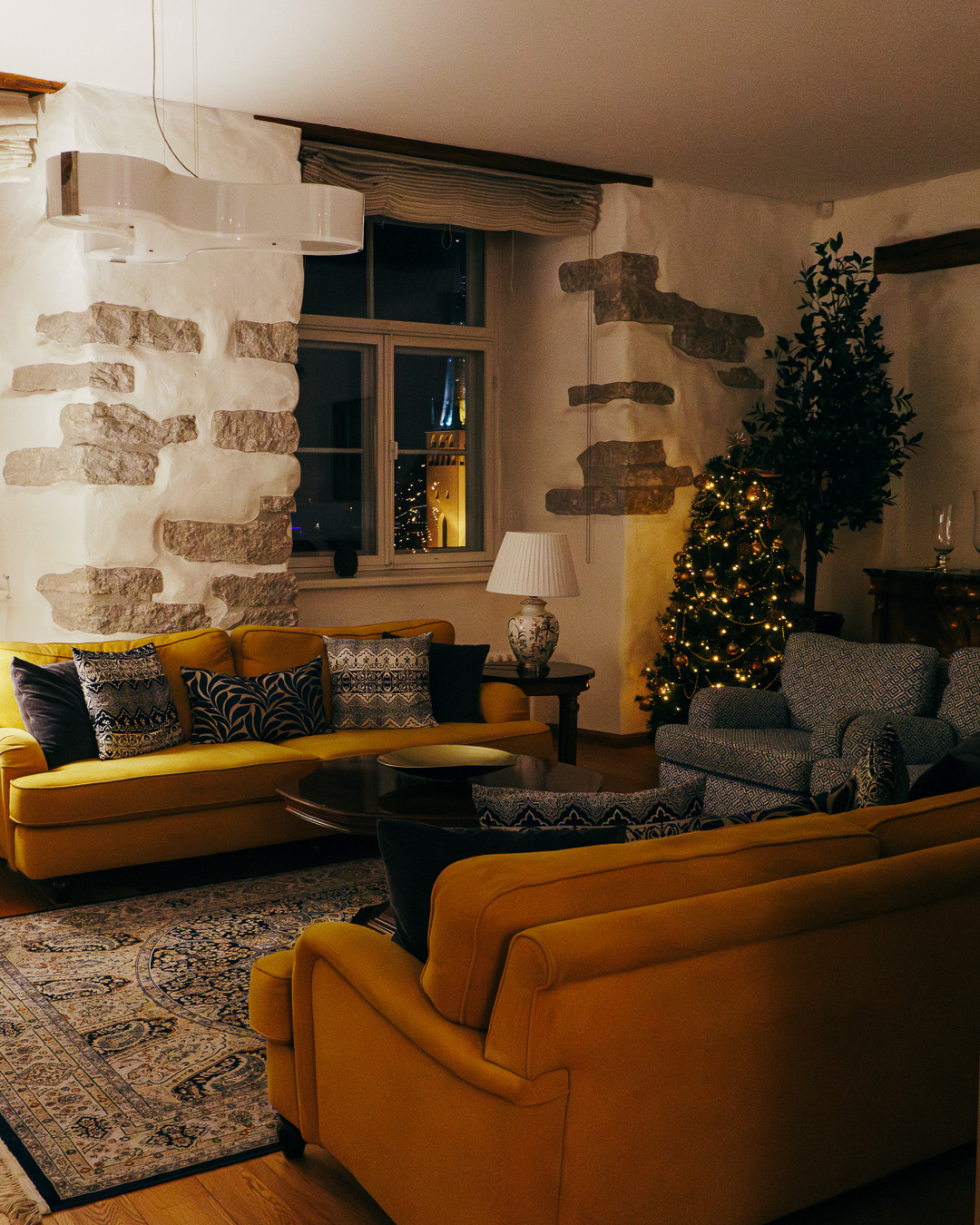 Cosy Tallinn old town apartment living room with a Christmas tree